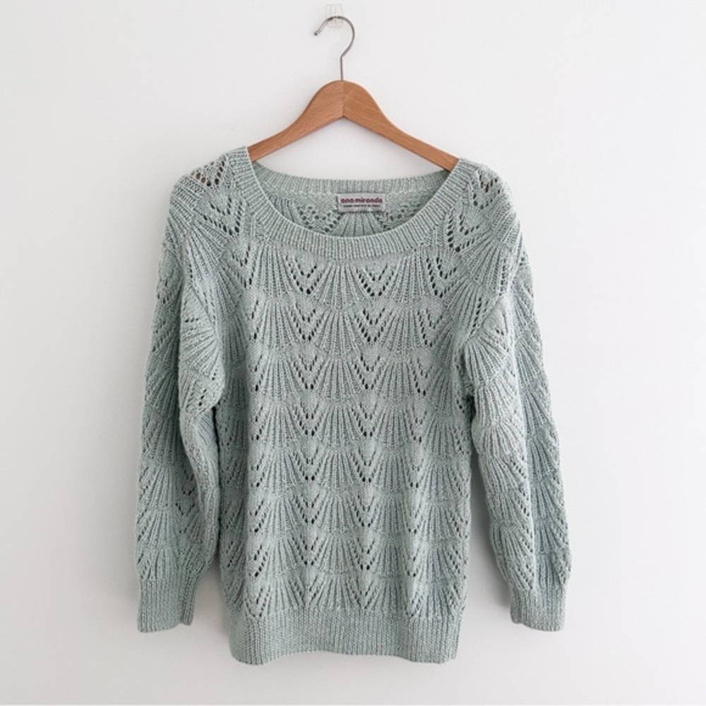 Ana Miranda Hand Knit Peruvian Sweater Sage Green Lace Pattern Knit Size Small